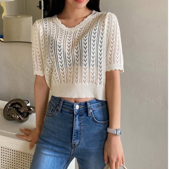 Scallop Trim Crop Pointelle Knit Top - Picture 2 of 4